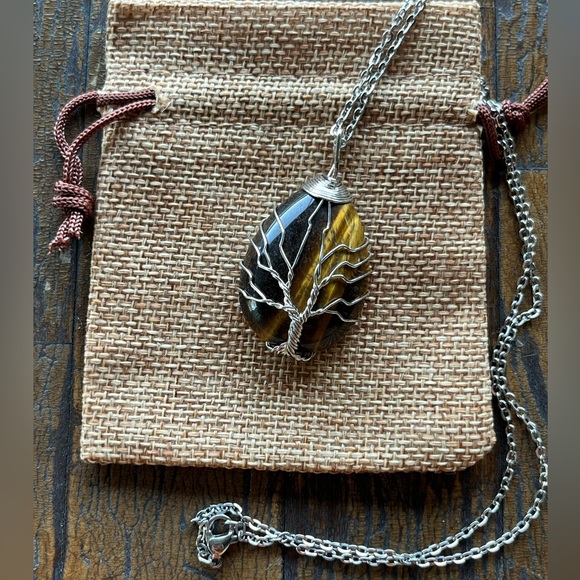 Tigers Eye Necklace Tigers Eye Pendant with Stainless Steel Chain - Picture 1 of 3